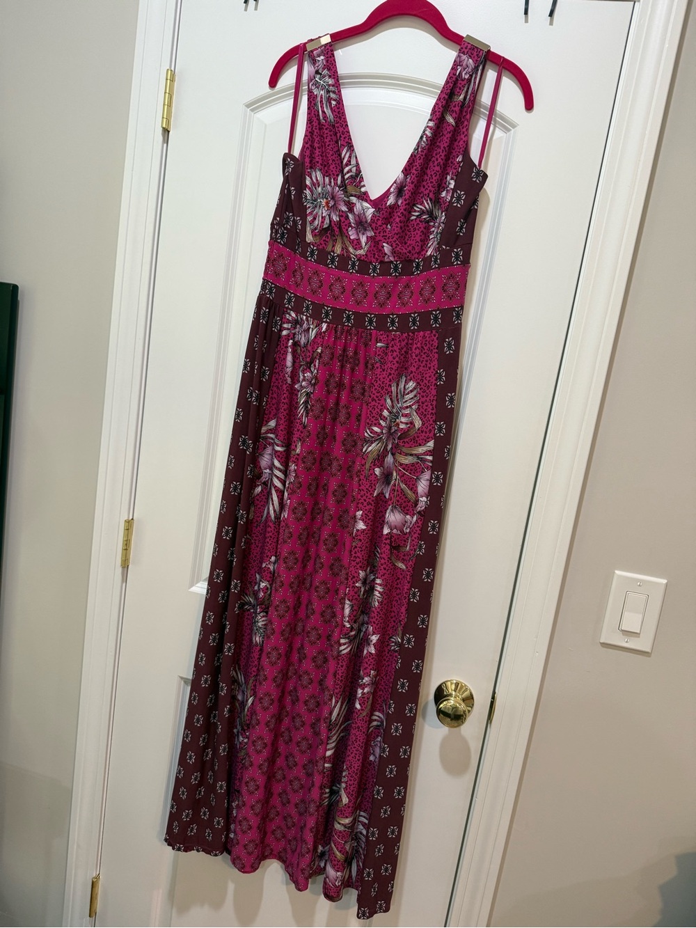 White House Black Market Magenta and Brown Floral Print Maxi Dress